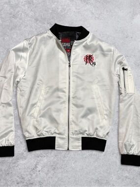 Zodiac Ice Wolf Bomber Jacket White Satin Embroidered Size M-L